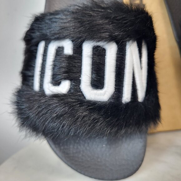 NWB~$825~DSQUARED2~7.5/8~ICON BLACK WHITE GENUINE  RABBIT FUR SANDALS SLIDES - Picture 2 of 16